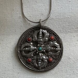 Silver Pendant Necklace with Red and Turquoise Accents